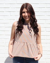 Gingham Peplum Top With Side Ties-Blue