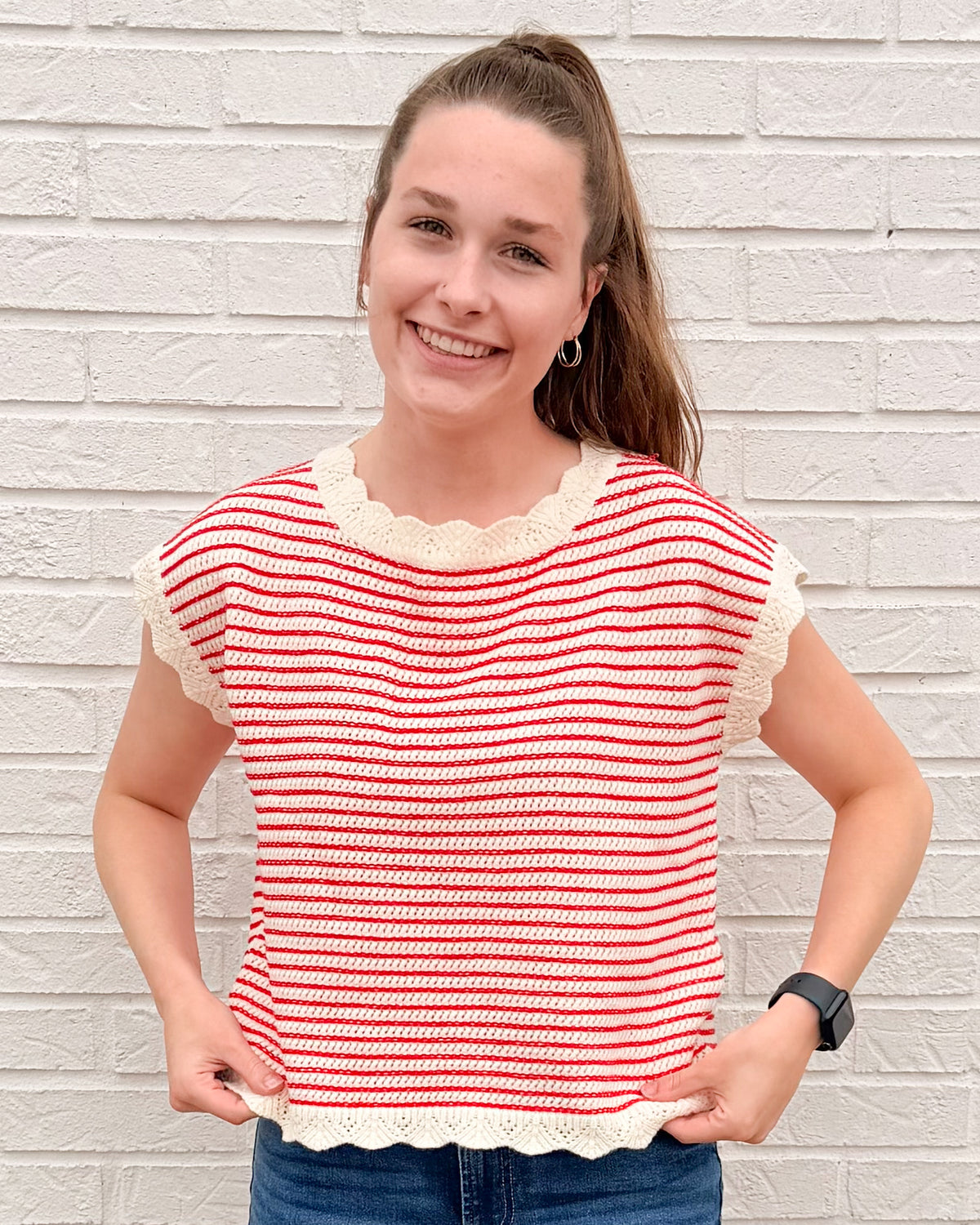 Stripe Scallop Edge Sweater-White/Red