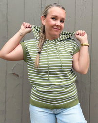 Dark Sage Striped Short Sleeve Hoodie