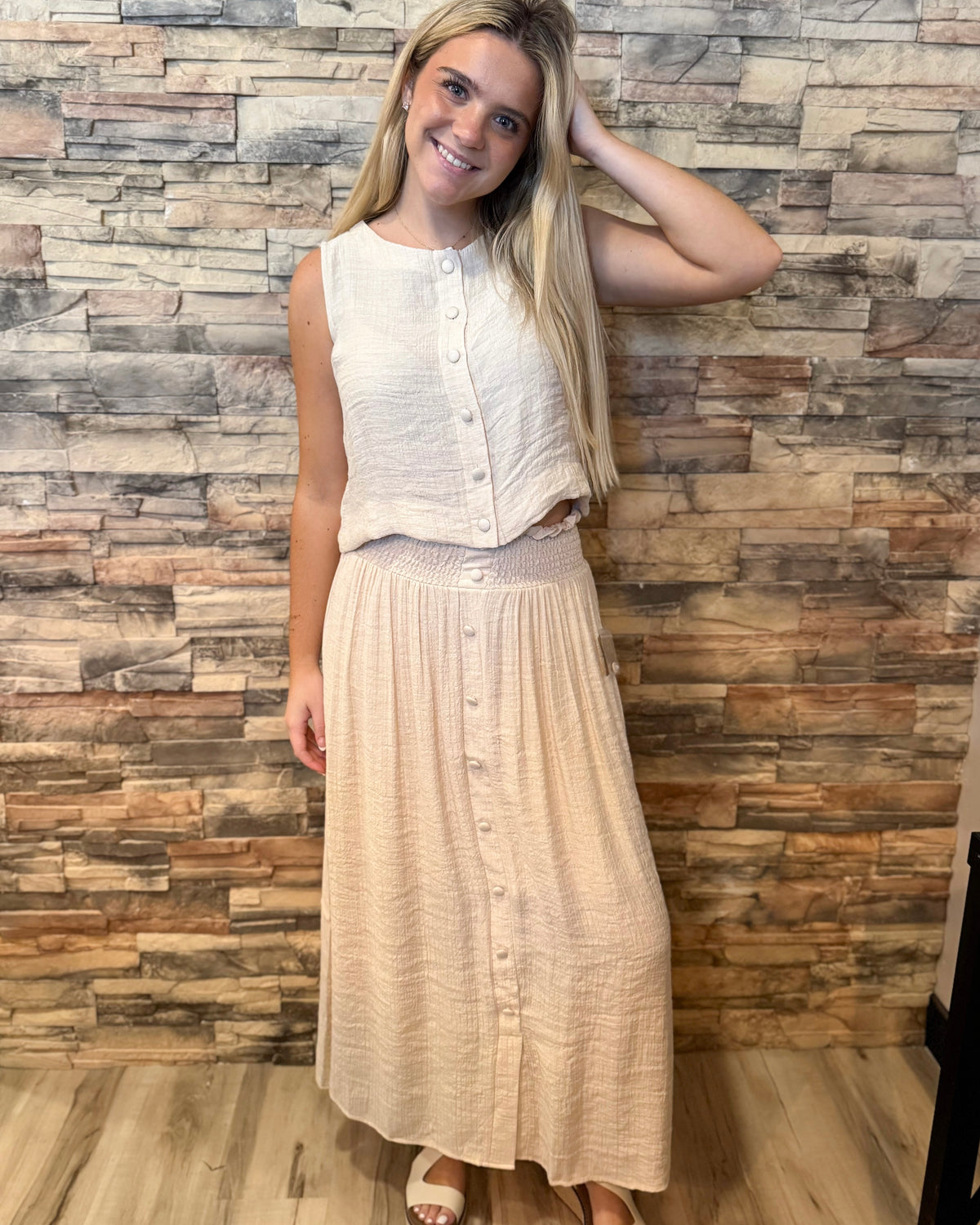 Natural Textured Button Down Sleeveless Top