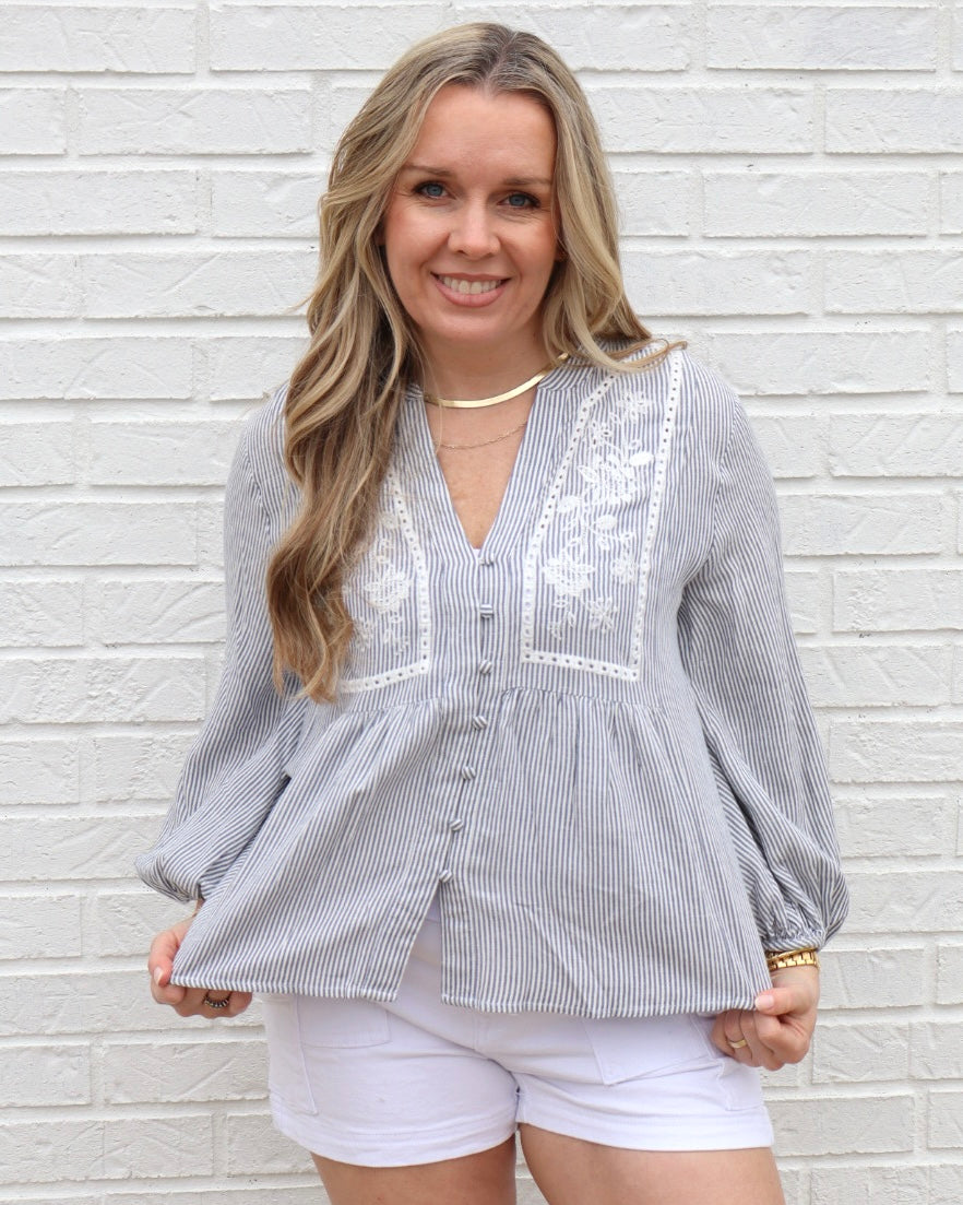 Embroidery Peasant Blouse- Denim