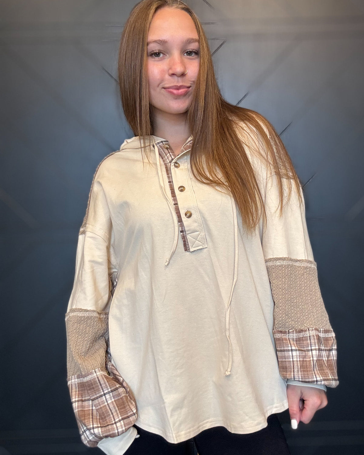Natural Plaid Contrast Hoodie Pullover