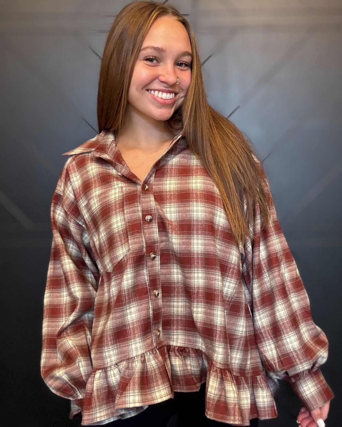 Button Down Mahogany Plaid Babydoll Peplum Shirt