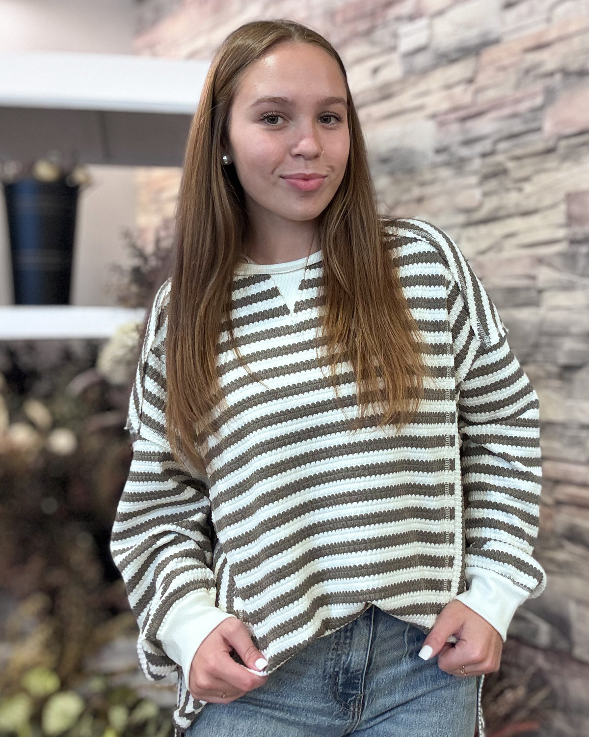 Gray/Cream Stripe Waffle Top