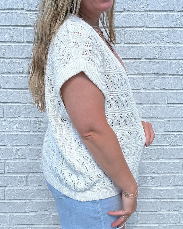 Off White Crochet Knit Open Cardigan