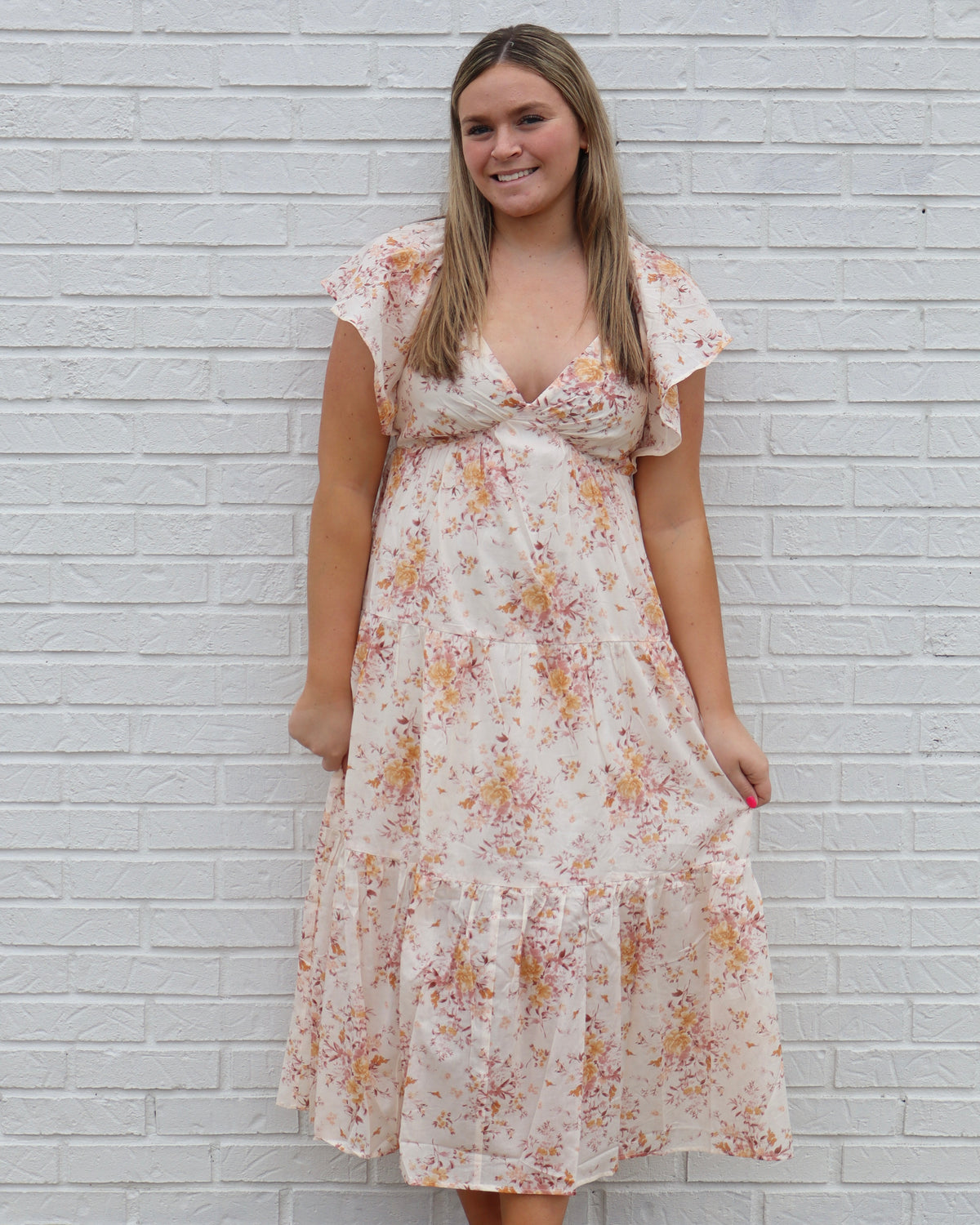 Tiered Floral Dress w/ Ruffle Sleeves - Taupe
