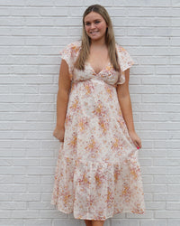 Tiered Floral Dress w/ Ruffle Sleeves - Taupe