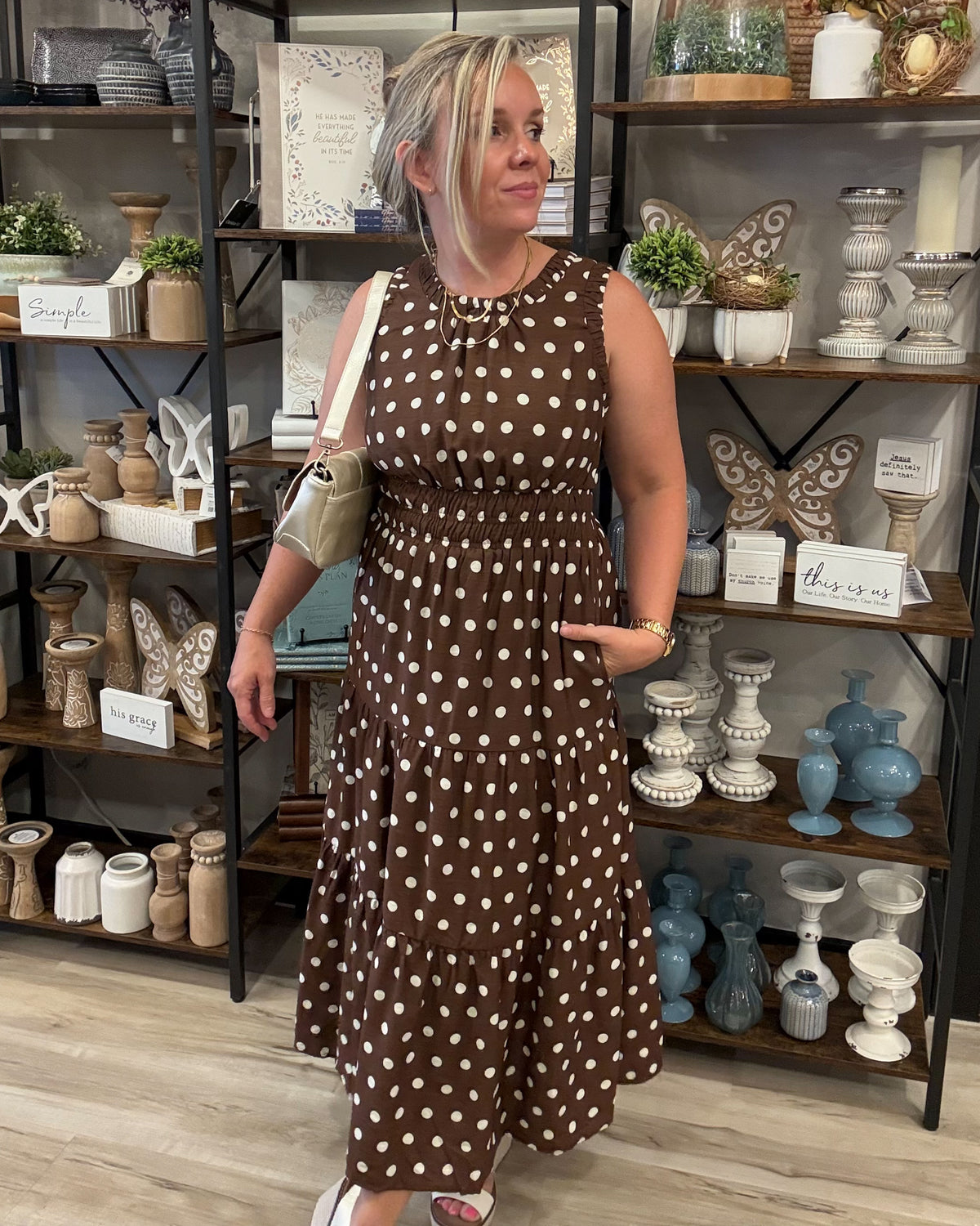Polka Dot Sleeveless Smocked Waist Midi Dress