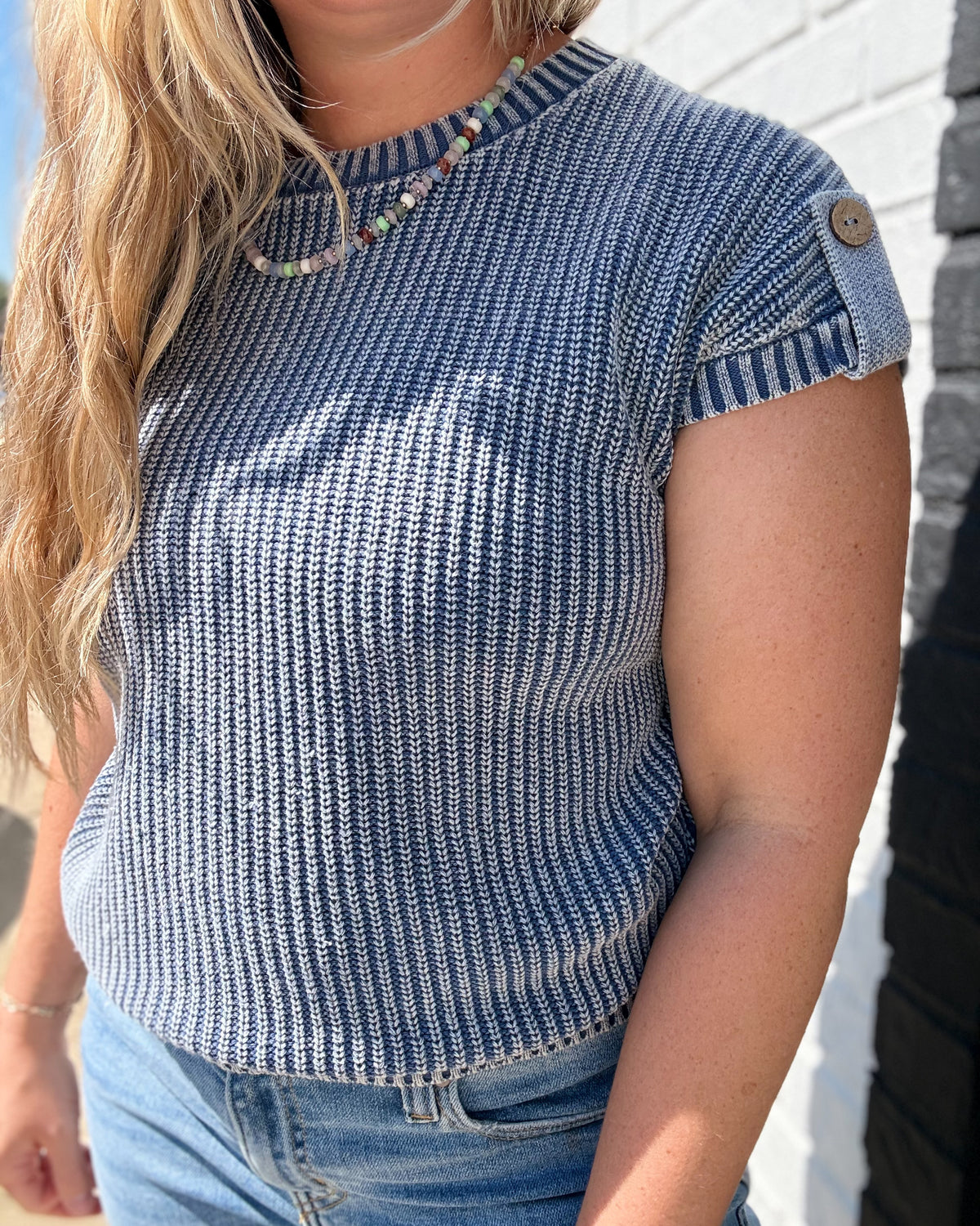 Indigo Acid Washed Tab Sleeve Back Button Knit Top