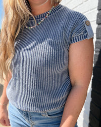 Indigo Acid Washed Tab Sleeve Back Button Knit Top