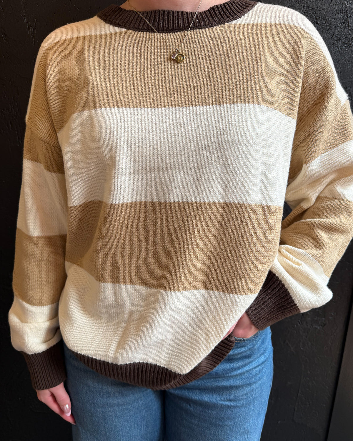 Round Neck Taupe Striped Color Block Sweater