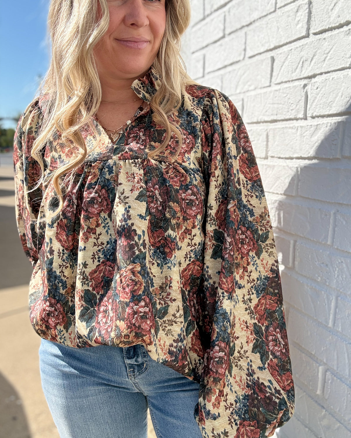 Vintage Taupe/Rust Floral Bubble Sleeve Woven Blouse