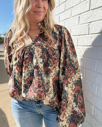 Vintage Taupe/Rust Floral Bubble Sleeve Woven Blouse