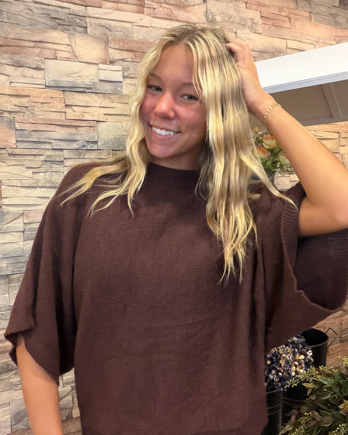 Cape Shaped Wool Blend Sweater-Chocolate