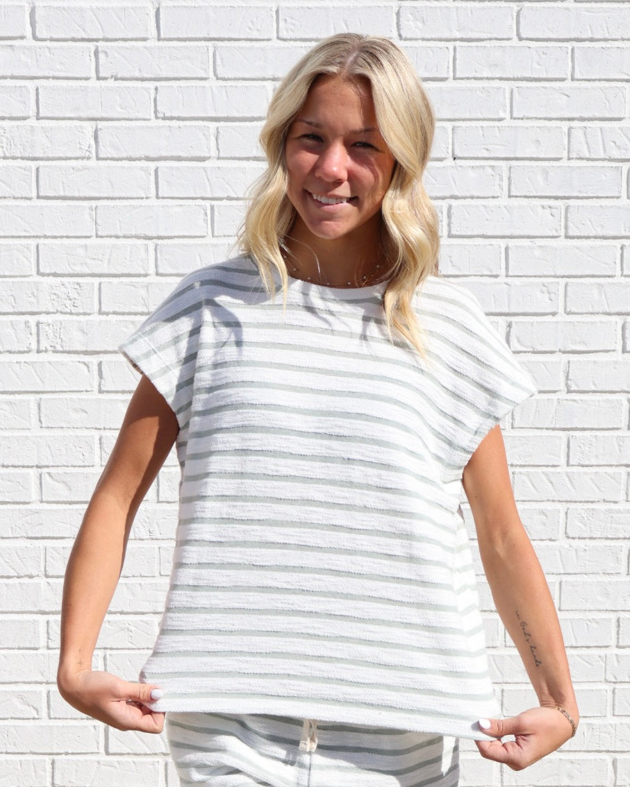 Striped Round Neck Short Sleeve Top- Sage Green