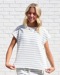 Striped Round Neck Short Sleeve Top- Sage Green