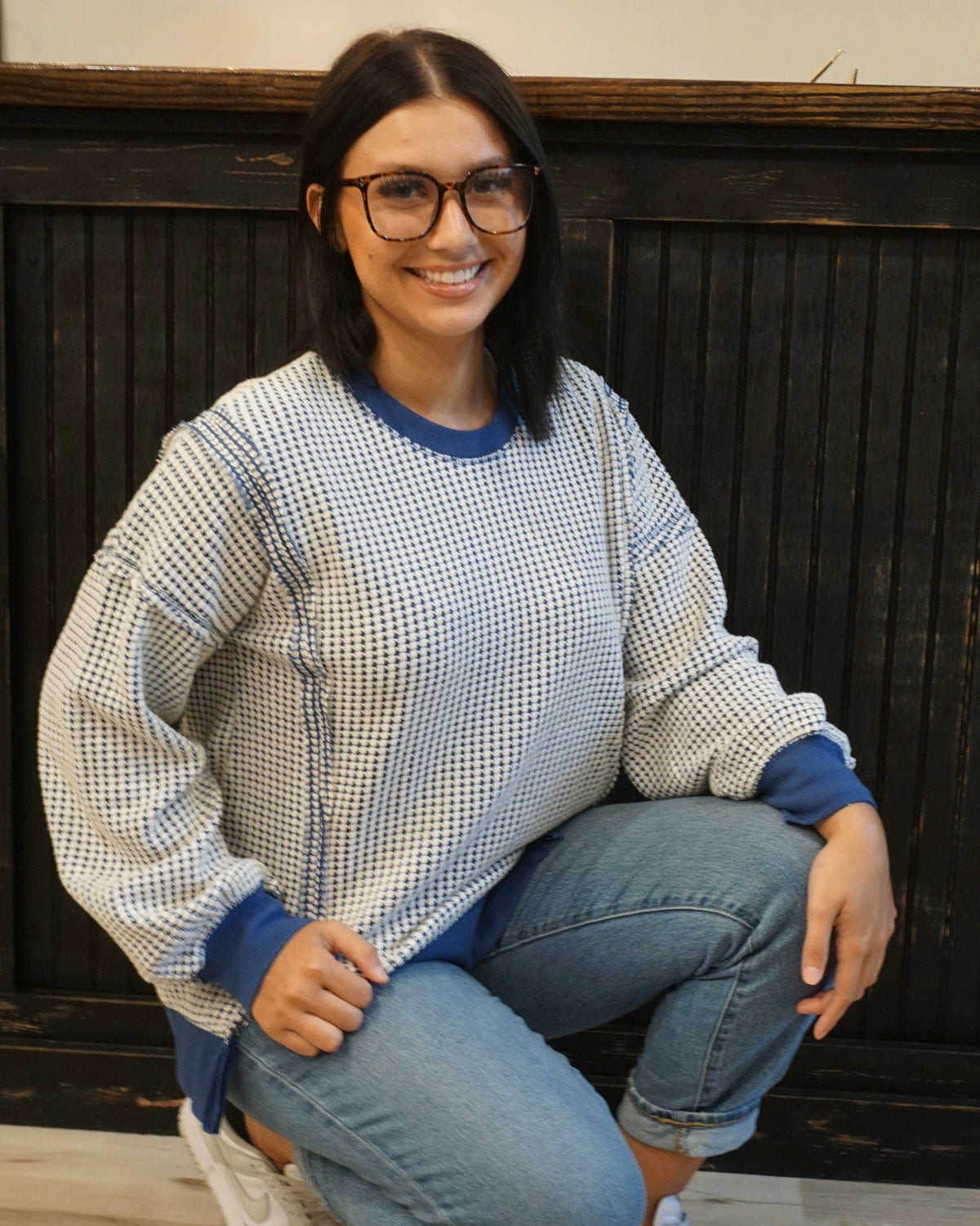 Oversized Waffle Top - Navy