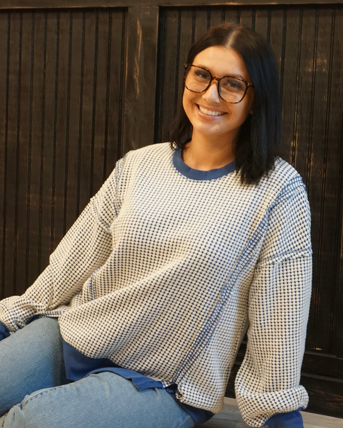 Oversized Waffle Top - Navy