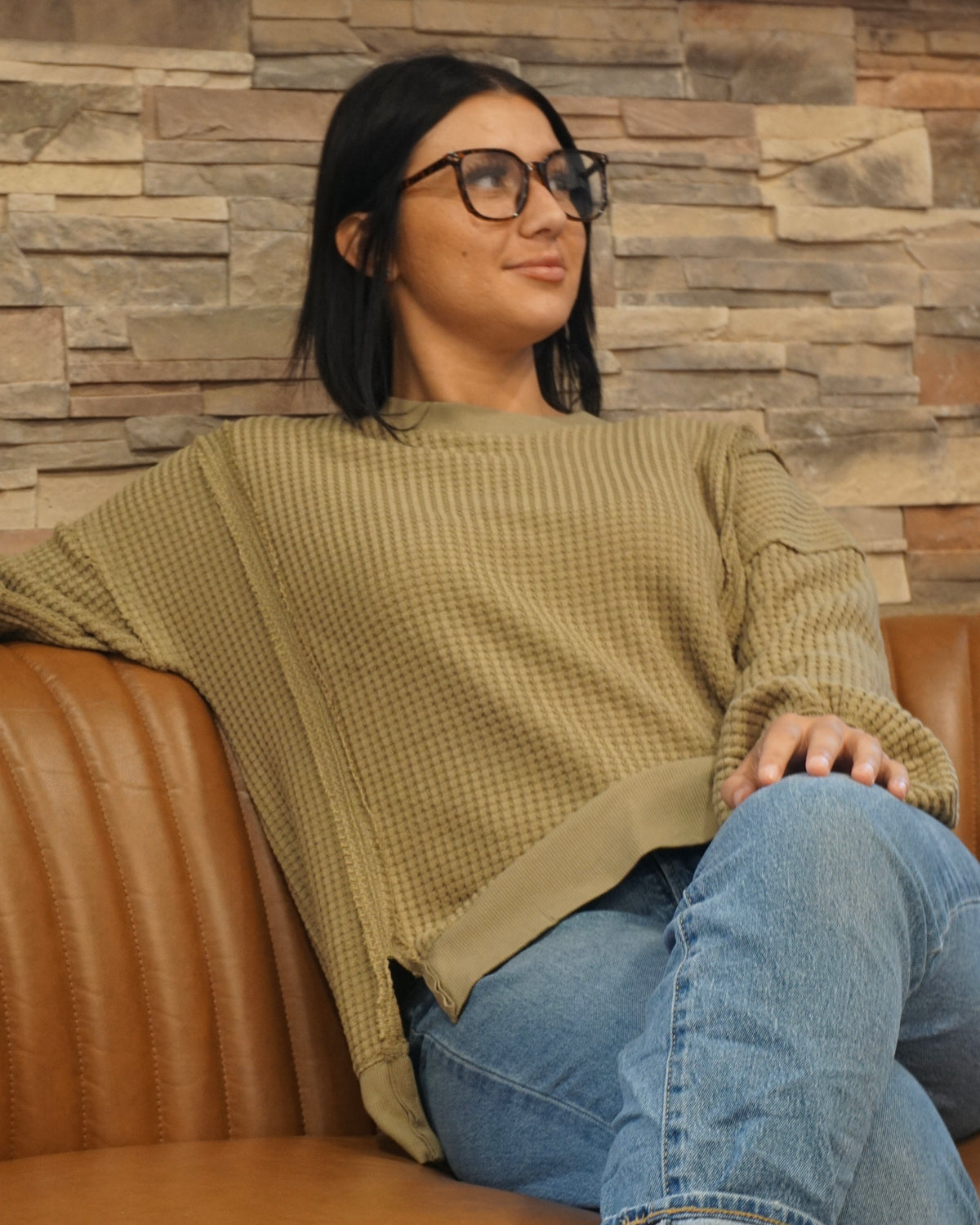 Oversized Waffle Top - Olive