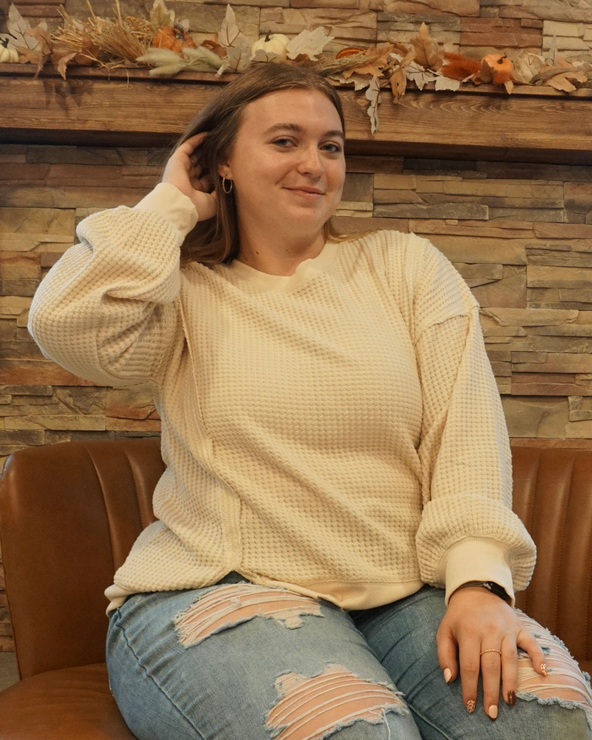 Oversized Waffle Top - Cream