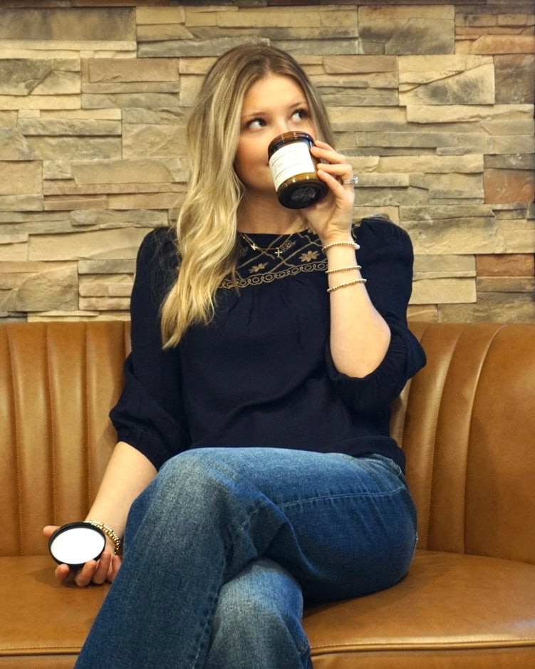 Boho Floral Yoke Blouse - Navy