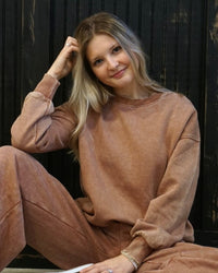 Acid Wash Fleece Oversized Pullover - Rust