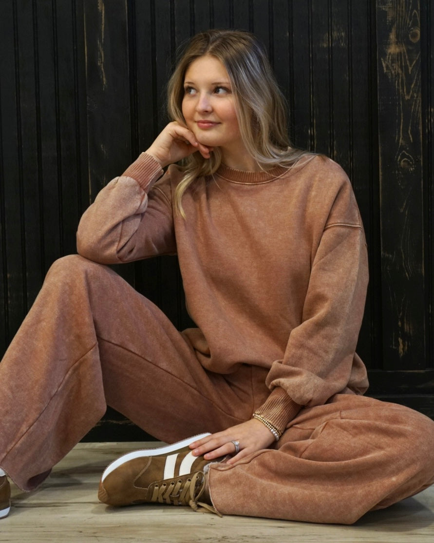 Acid Wash Fleece Oversized Pullover - Rust