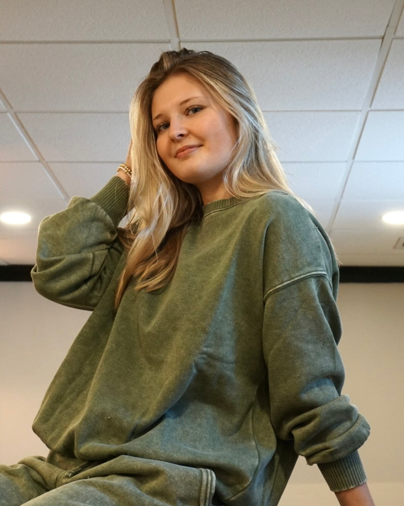 Acid Wash Fleece Oversized Pullover - Light Olive