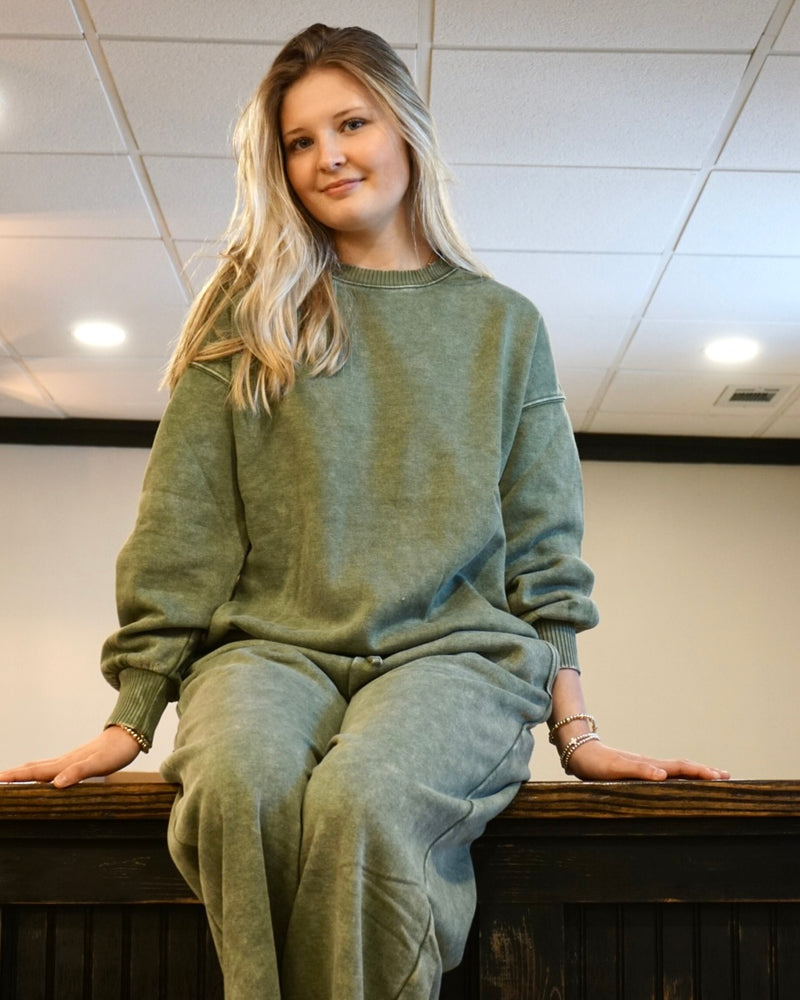 Acid Wash Fleece Oversized Pullover - Light Olive