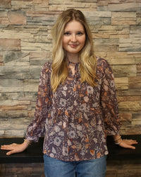 Boho Flower 3/4 Sleeve Blouse - Blue