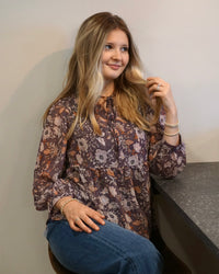 Boho Flower 3/4 Sleeve Blouse - Blue