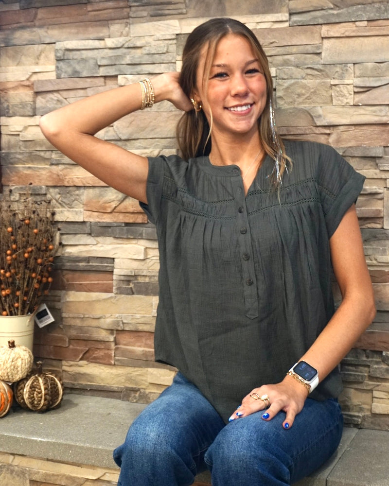 Half Button Eyelet Trim Top - Olive