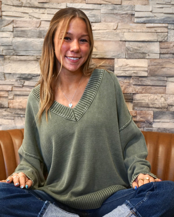 Washed Oversized Sweater - Olive