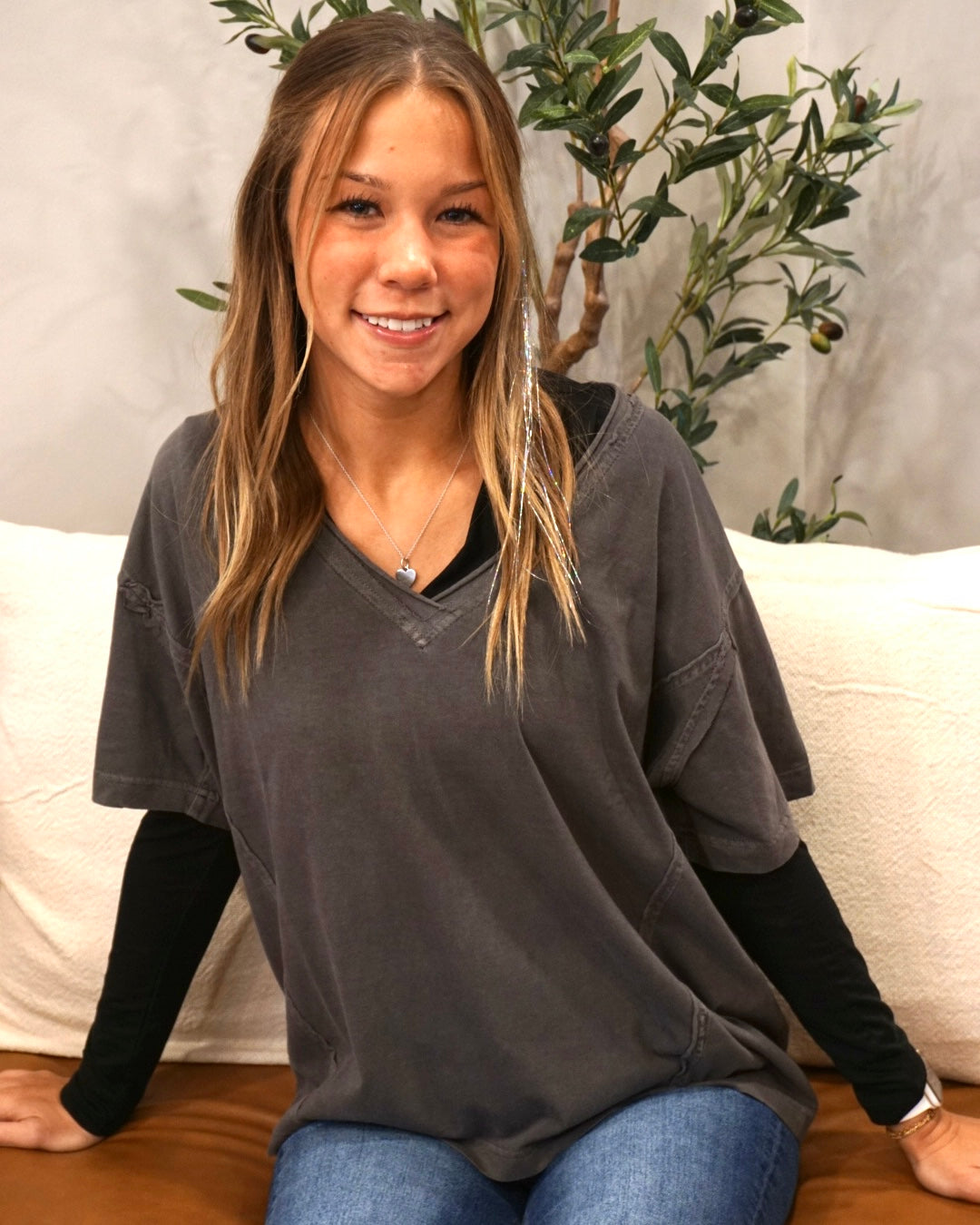 Washed Raw Edge V-Neck Knit Top - Charcoal