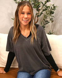 Washed Raw Edge V-Neck Knit Top - Charcoal