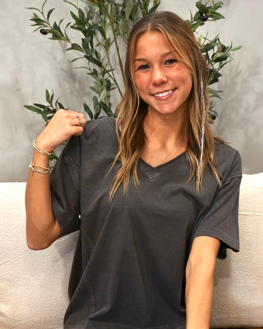 Washed Raw Edge V-Neck Knit Top - Charcoal