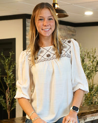 Boho Floral Yoke Blouse - Cream