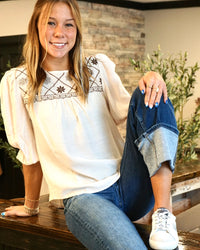 Boho Floral Yoke Blouse - Cream
