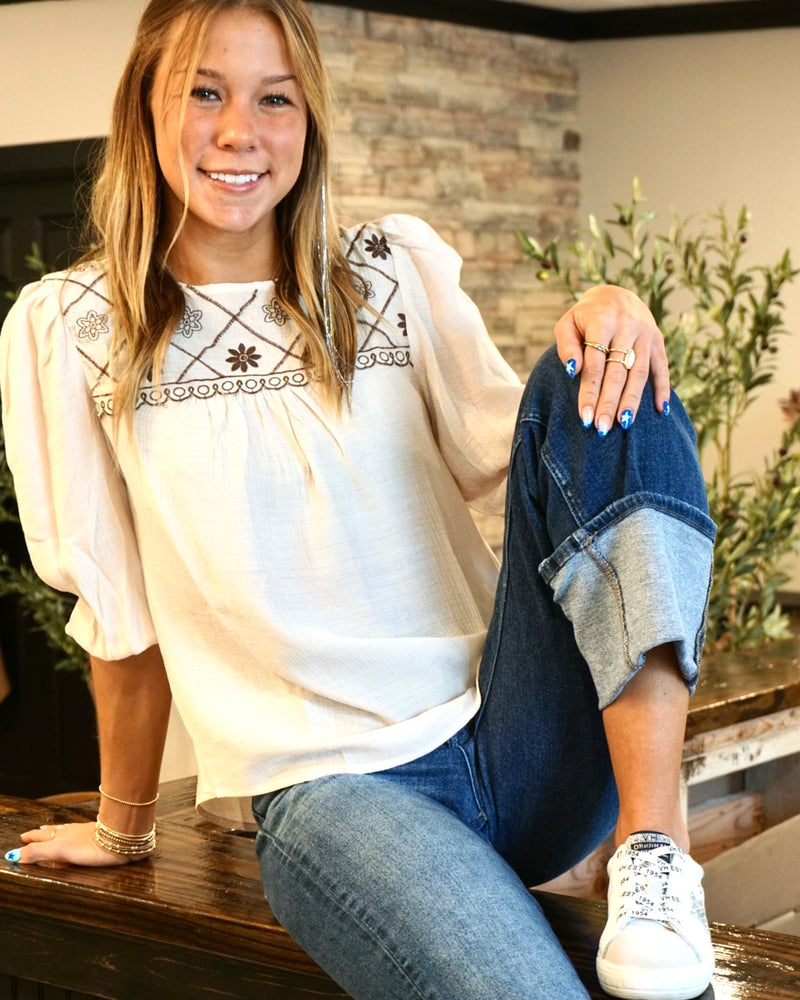Boho Floral Yoke Blouse - Cream