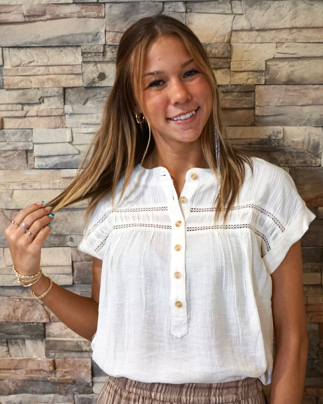 Plus Half Button Eyelet Trim Top - Ivory