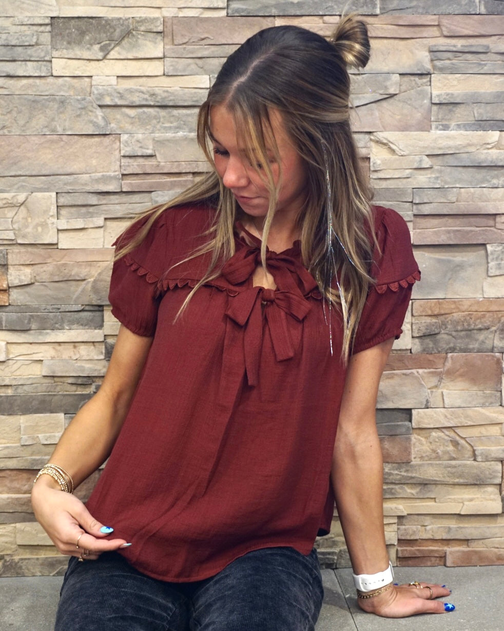 Plus Scallop Trim Front Tie Blouse