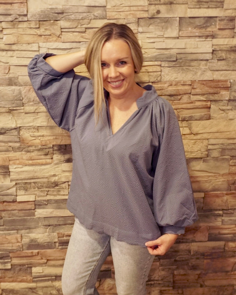 Plus Balloon Sleeve V-Neck Top - Steel Blue