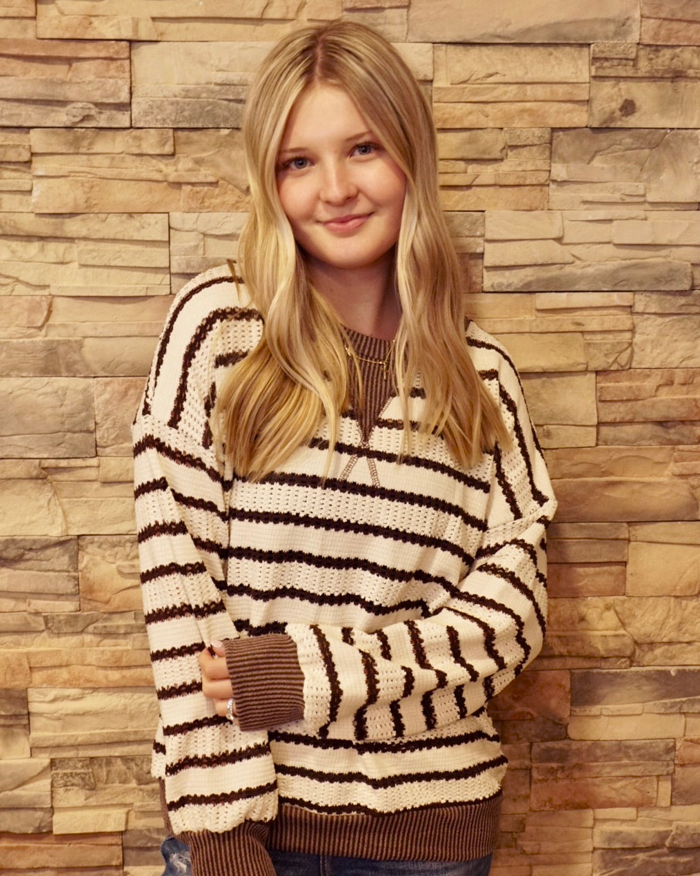 Striped Knit Sweater - Brown
