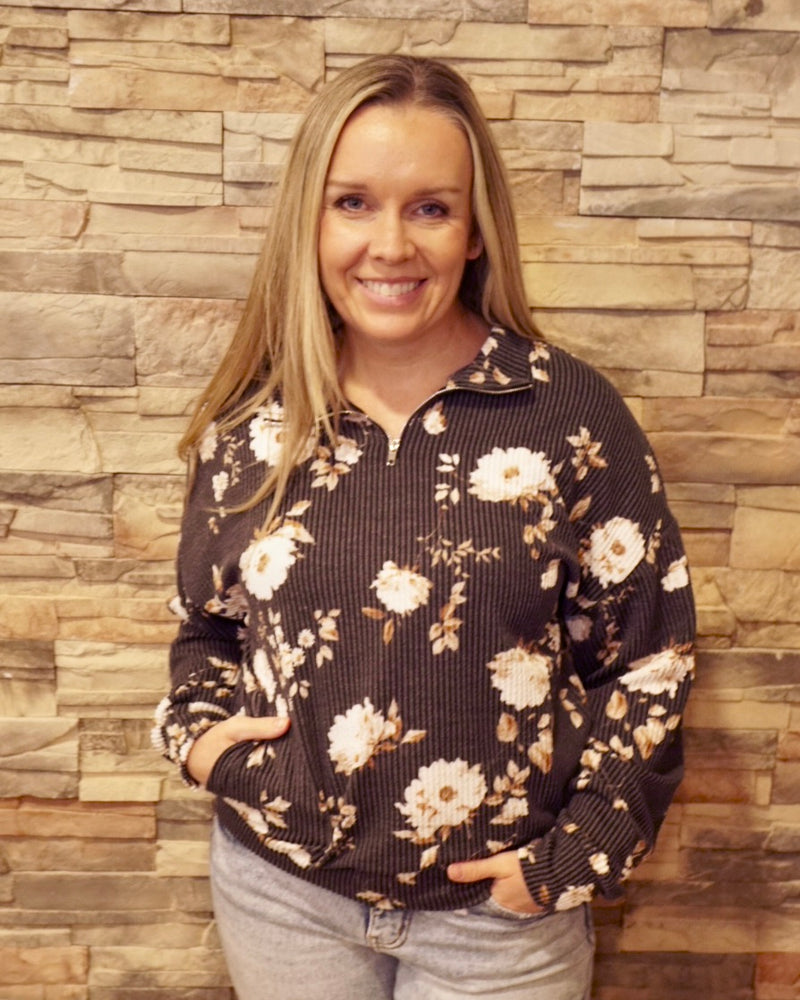 Floral 1/4 Zip - Black