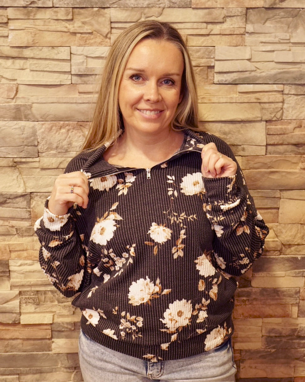 Floral 1/4 Zip - Black