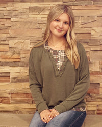Rib Top w/ Plaid Trim - Olive
