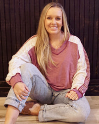Contrast Sleeve V-Neck Top - Marsala