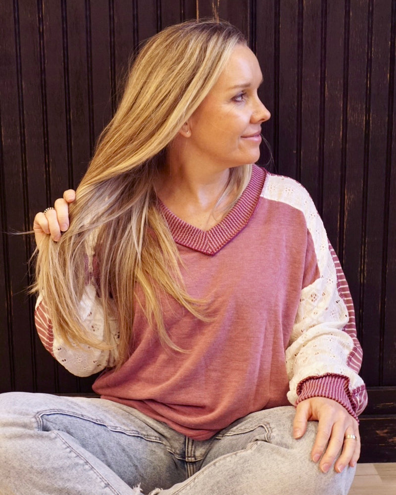 Contrast Sleeve V-Neck Top - Marsala