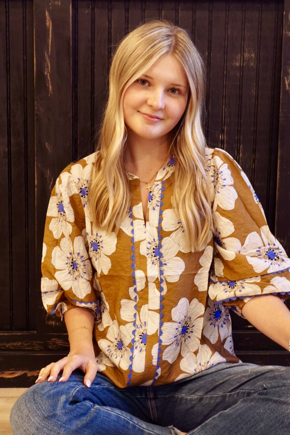 Plus Floral 3/4 Sleeve Blouse - Taupe