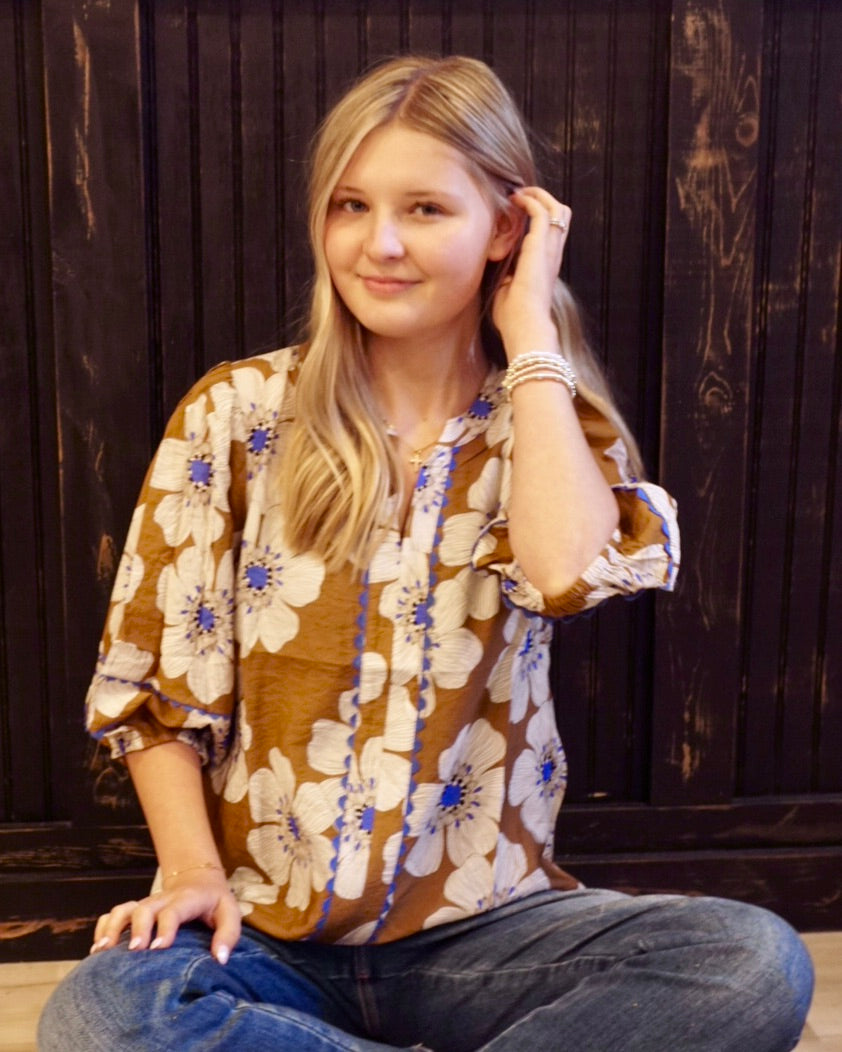 Plus Floral 3/4 Sleeve Blouse - Taupe